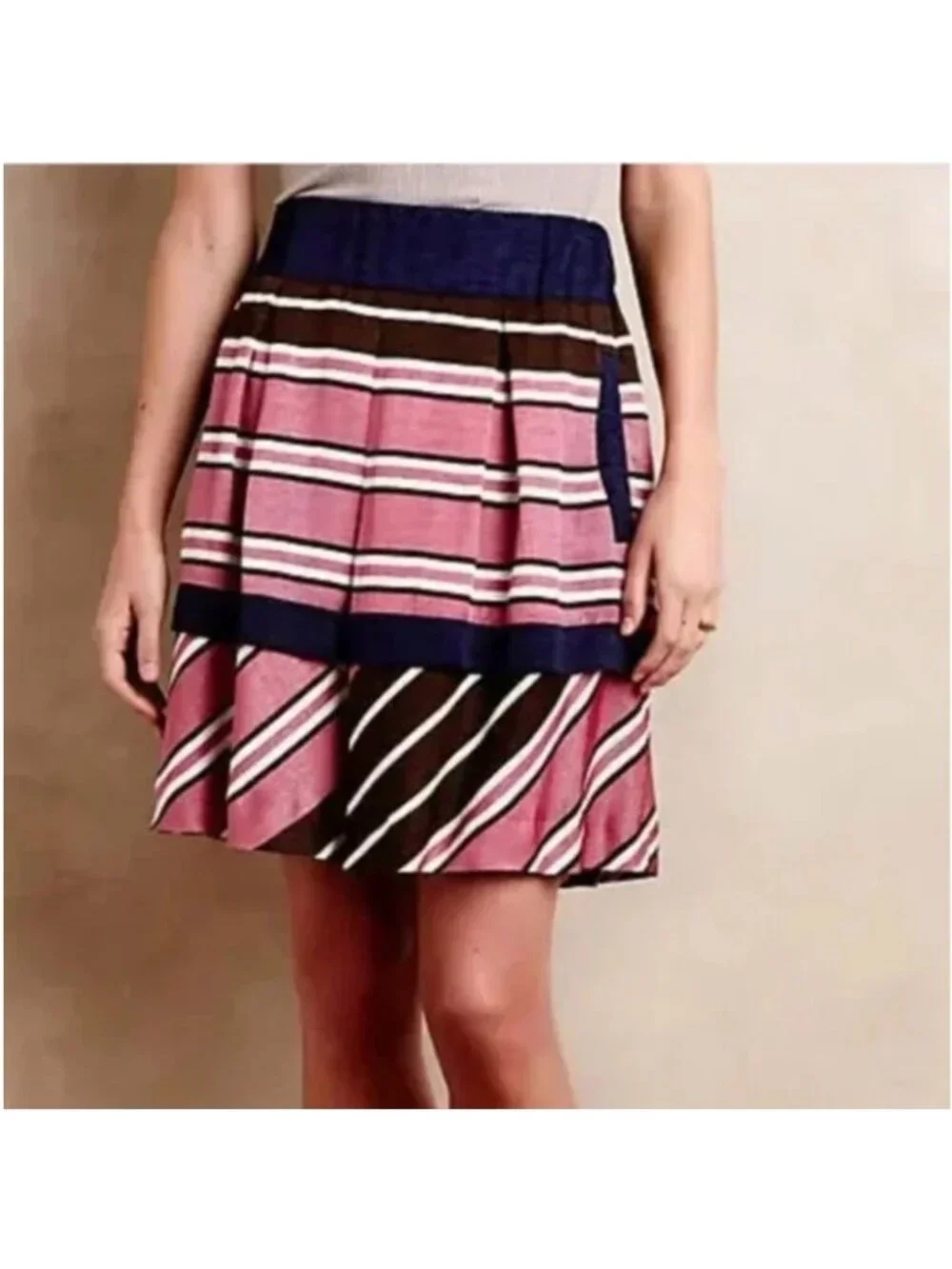 ANTHROPOLOGIE Maeve Ellery Striped Pleated Tiered Skirt with Pockets